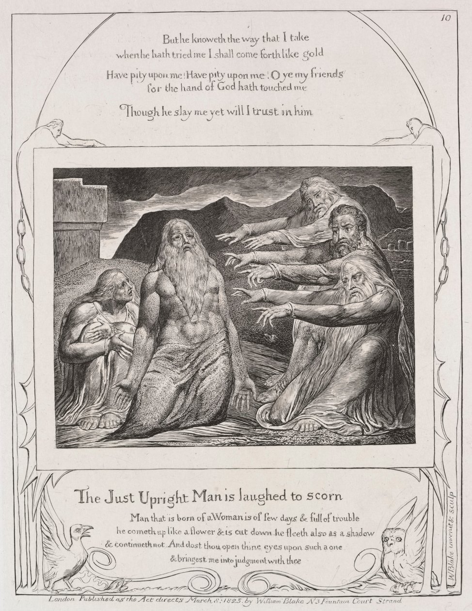 Księga Hioba: Pl. 10, Sprawiedliwy człowiek jest wyśmiewany z pogardy, 1825. autorstwa William Blake
