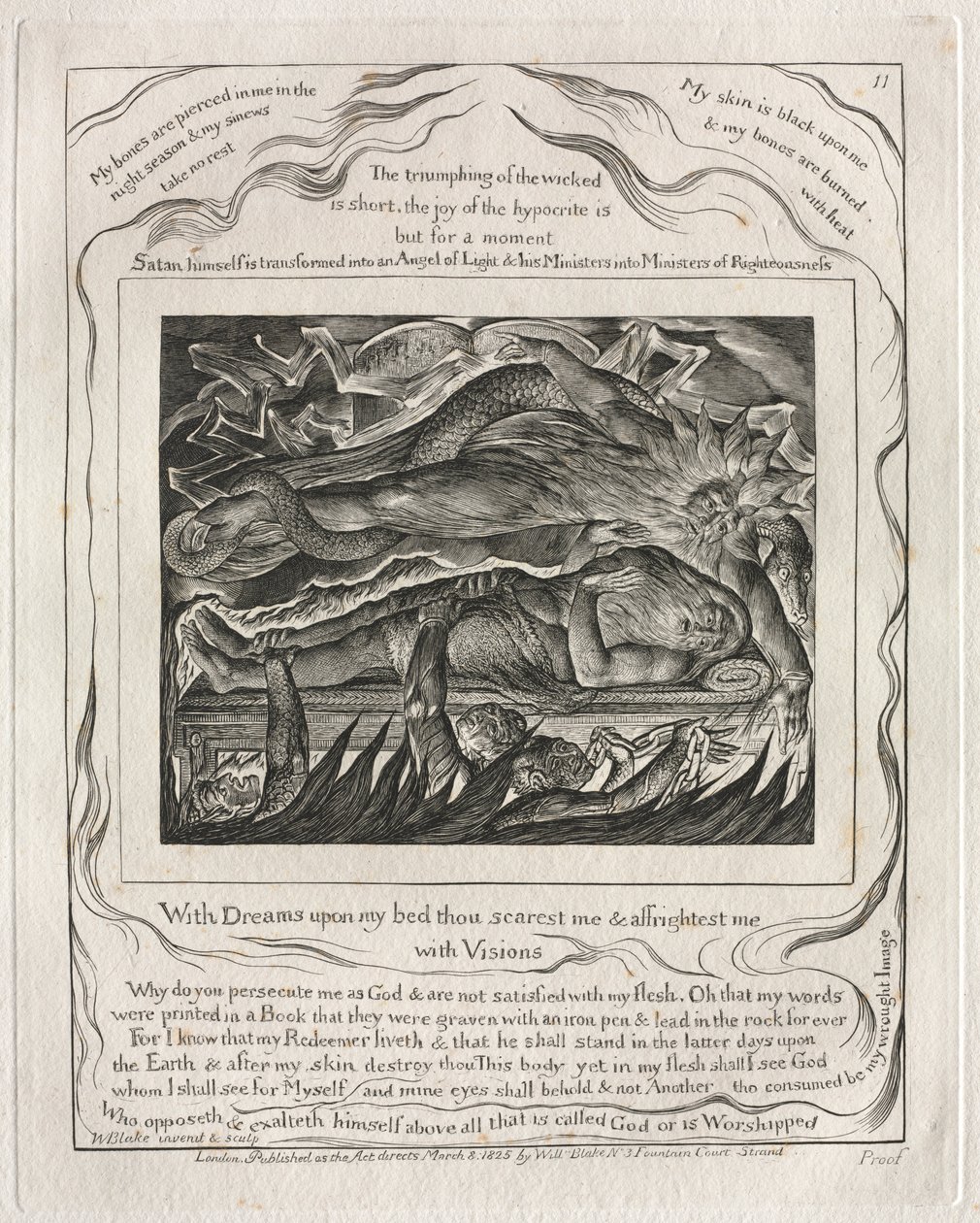 Księga Hioba: Pl. 11, Ze snami na moim łóżku przerażasz mnie i przerażasz..., 1825. autorstwa William Blake