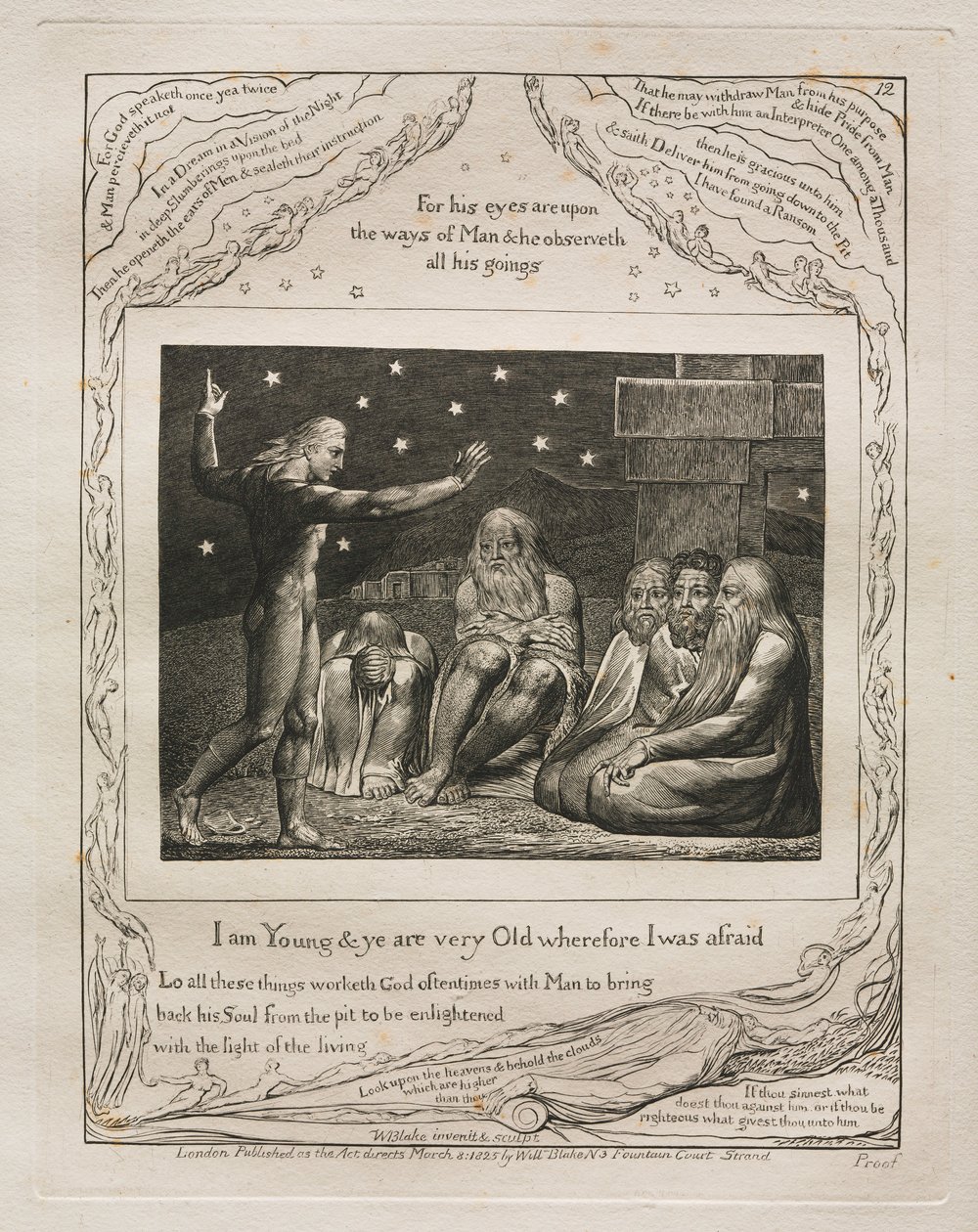 Księga Hioba: Pl. 12, jestem młody, a wy jesteście bardzo starzy, dlatego się bałem, 1825. autorstwa William Blake