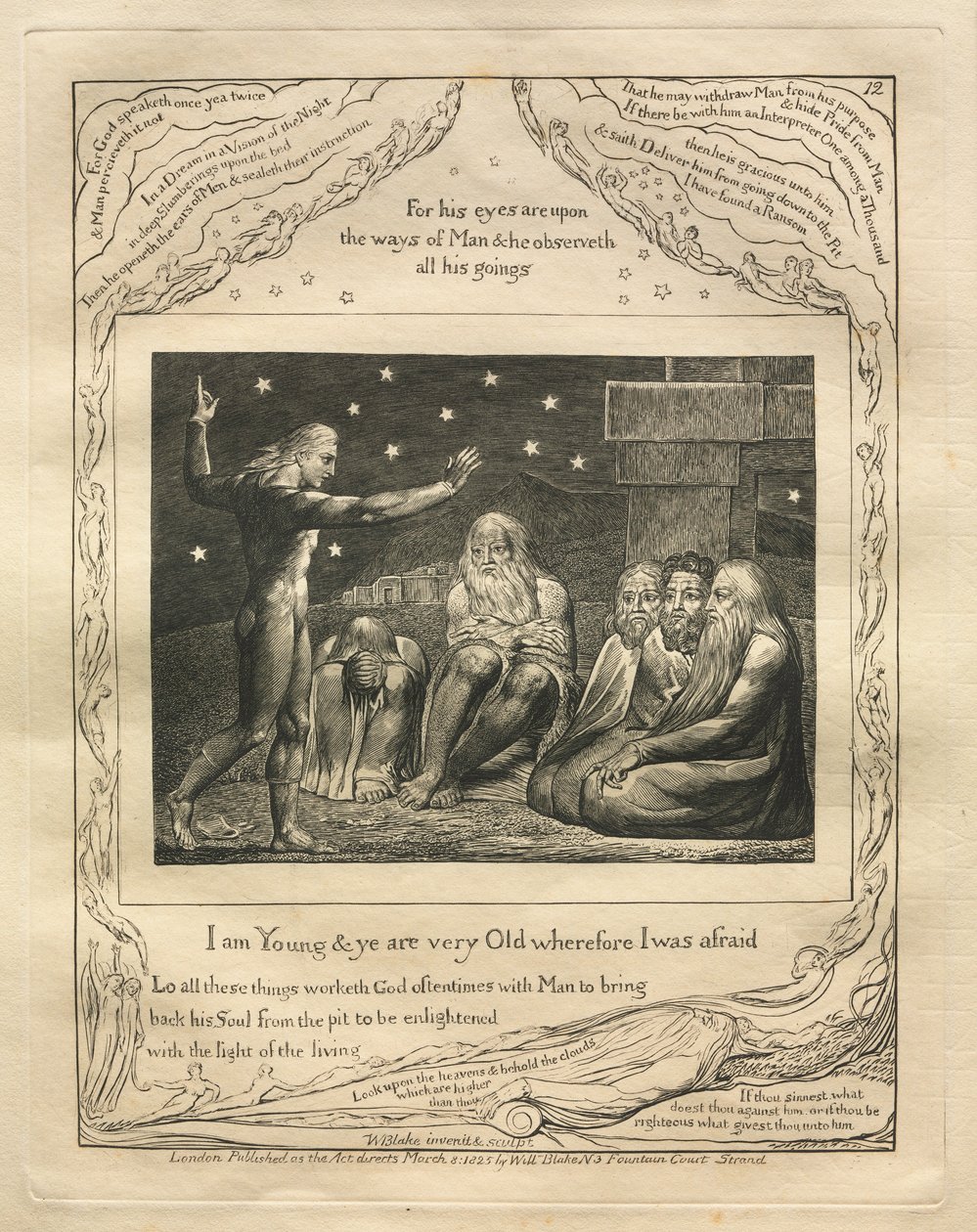 Księga Hioba: Pl. 12, jestem młody, a wy jesteście bardzo starzy, dlatego się bałem, 1825. autorstwa William Blake