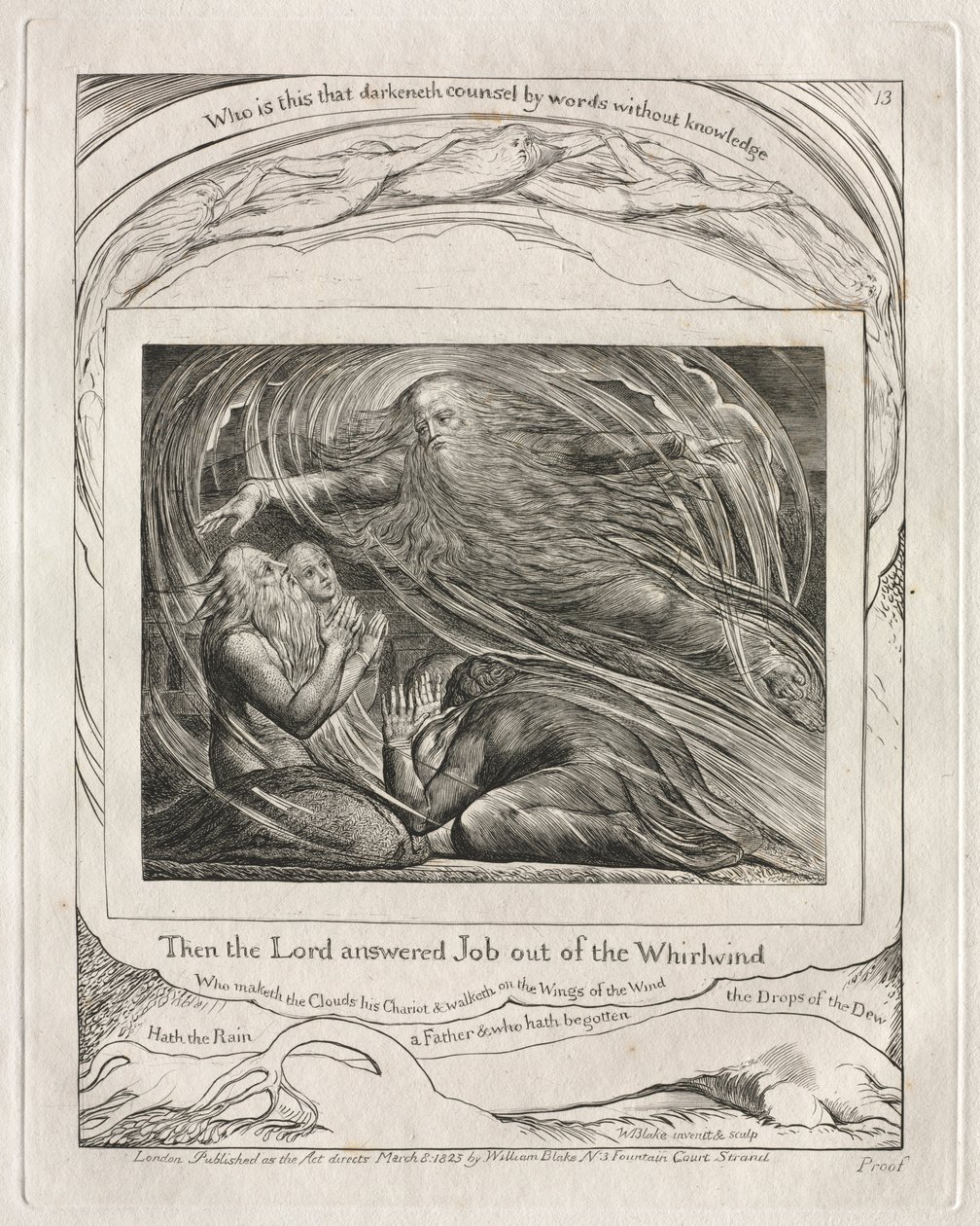 Księga Hioba: Pl. 13, Wtedy Pan odpowiedział Jobowi z trąby powietrznej, 1825. autorstwa William Blake
