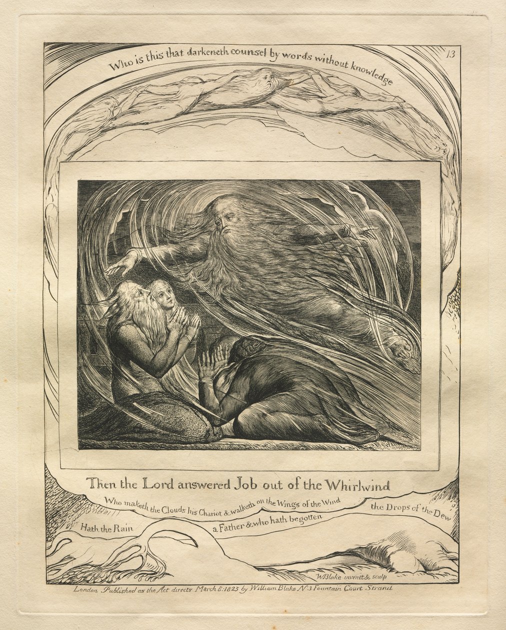 Księga Hioba: Pl. 13, Wtedy Pan odpowiedział Jobowi z trąby powietrznej, 1825. autorstwa William Blake