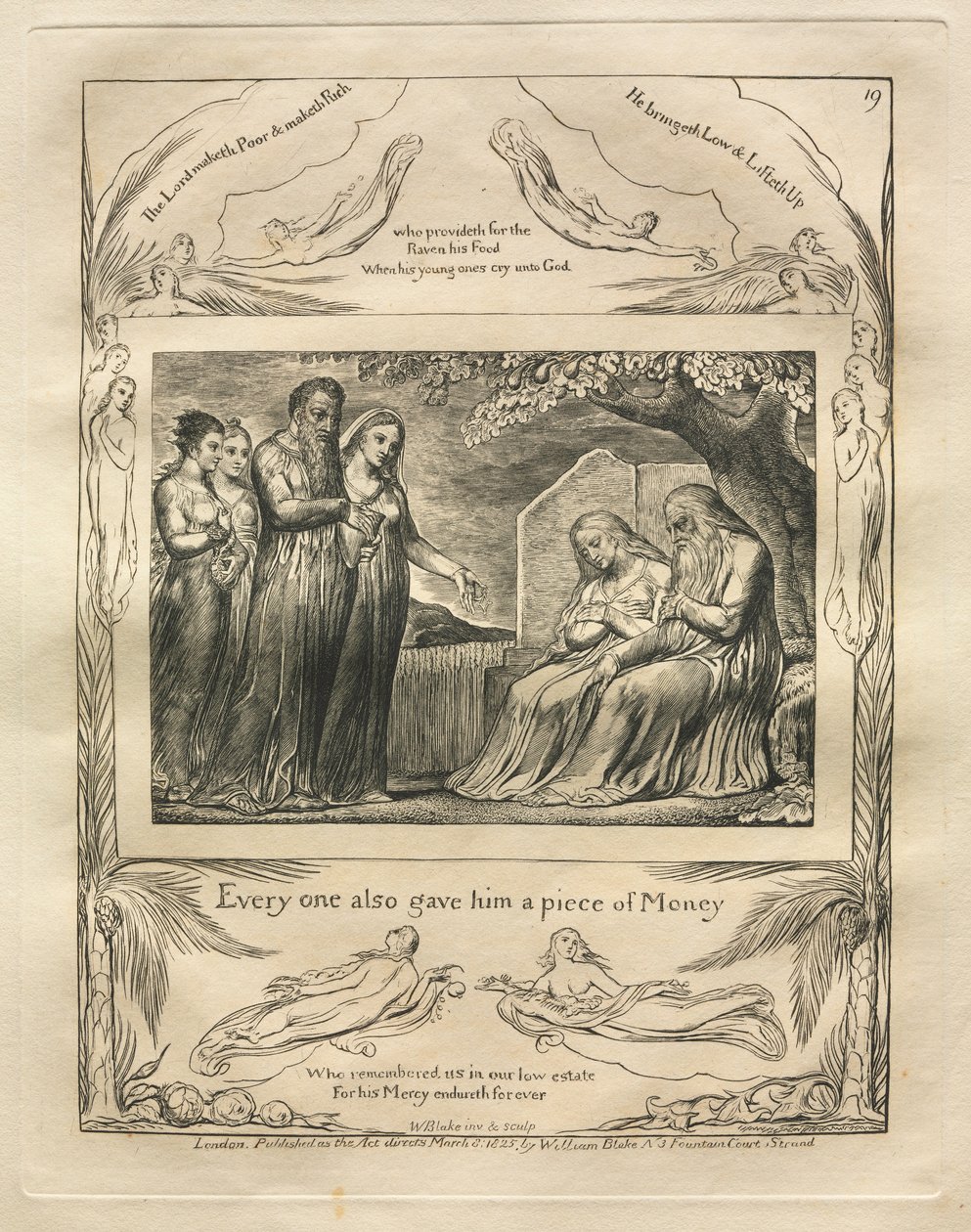 Księga Hioba: Pl. 19, Każdy też dał mu kawałek Pieniędzy, 1825. autorstwa William Blake