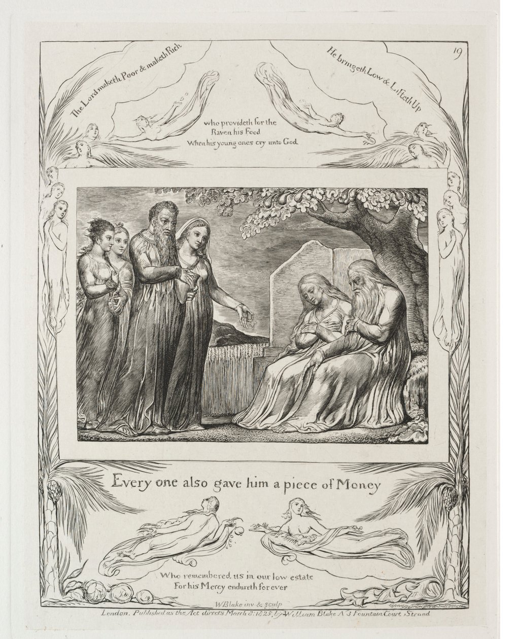 Księga Hioba: Pl. 19, Każdy też dał mu kawałek pieniędzy, 1825. autorstwa William Blake