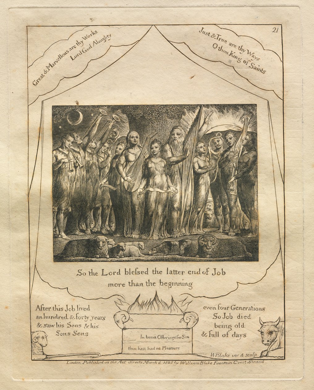 Księga Hioba: Pl. 21, Więc Pan pobłogosławił koniec Hioba bardziej niż początek, 1825. autorstwa William Blake