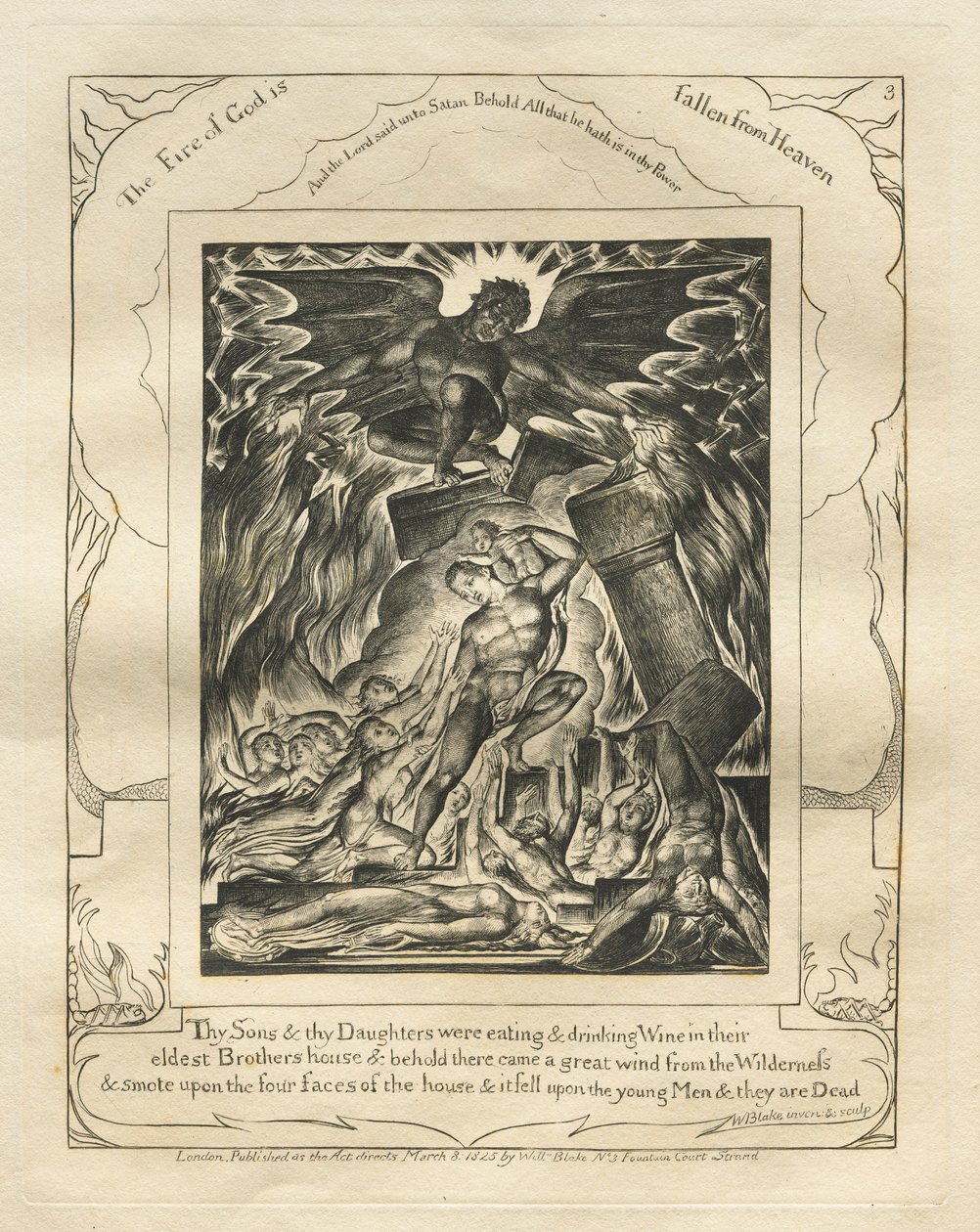 Księga Hioba: Pl. 3, Twoi Synowie i Twoje Córki jedli i pili Wino w swoim / najstarszym domu Braci autorstwa William Blake