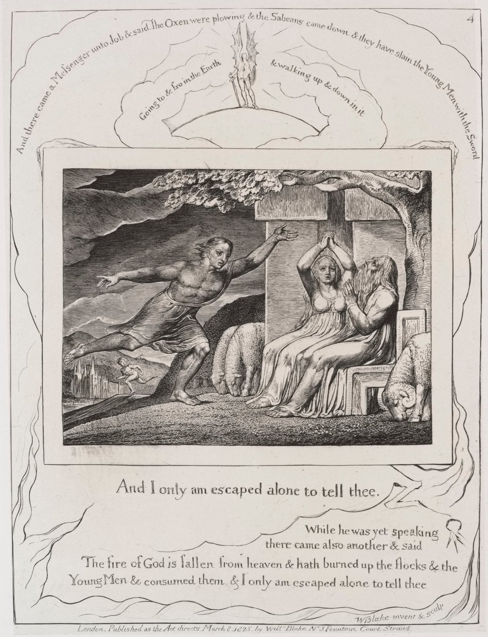 Księga Hioba: Pl. 4, a ja tylko sam uciekłem, aby ci powiedzieć, 1825. autorstwa William Blake