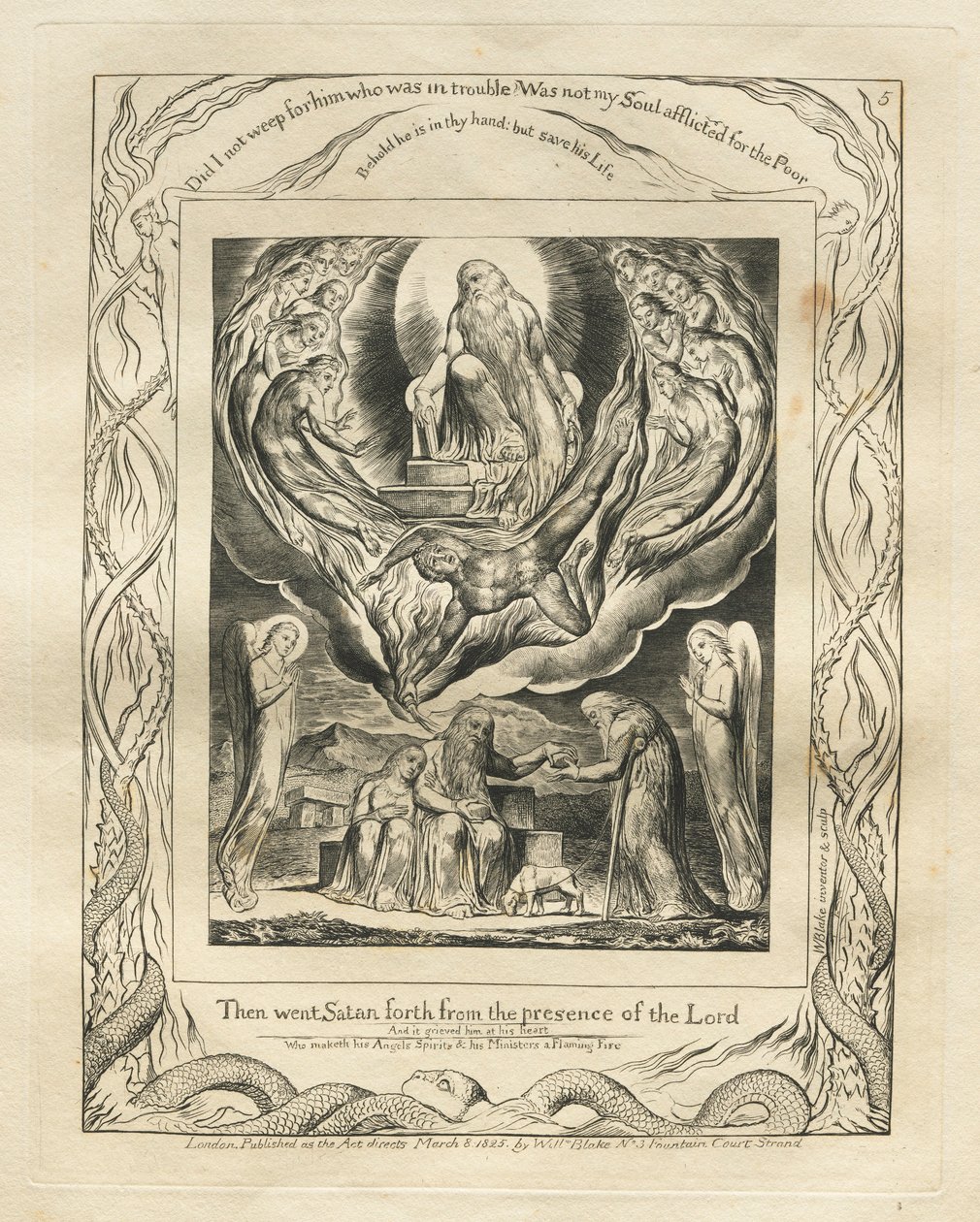 Księga Hioba: Pl. 5, Wtedy szatan wyszedł z obecności Pana, 1825. autorstwa William Blake