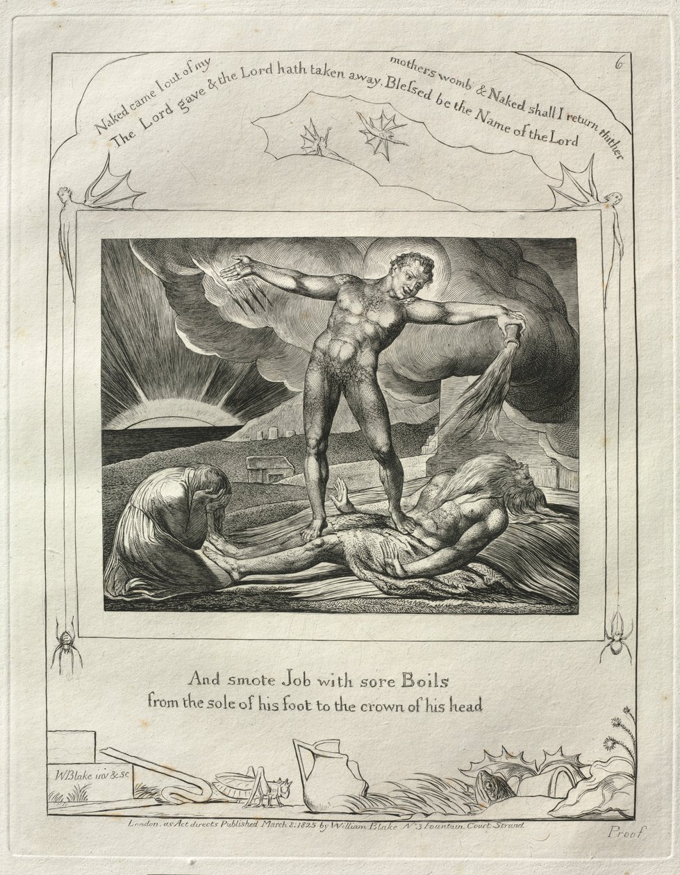 Księga Hioba: Pl. 6, I poraził Hioba bolesnymi wrzodami na podeszwie stopy..., 1825. autorstwa William Blake