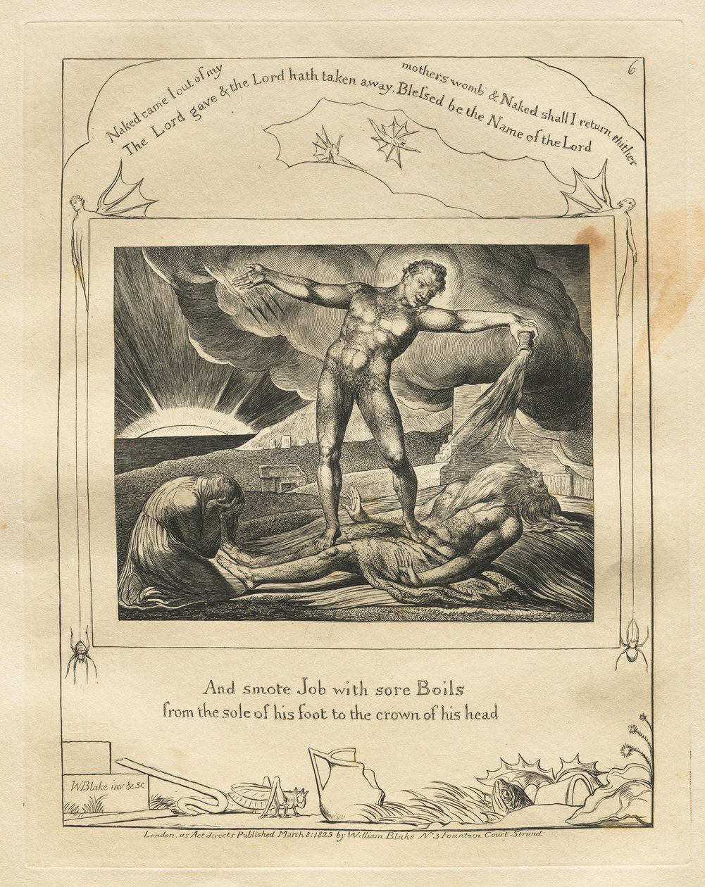 Księga Hioba: Pl. 6, I poraził Hioba bolesnymi wrzodami od podeszwy stopy do korony..., 1 autorstwa William Blake