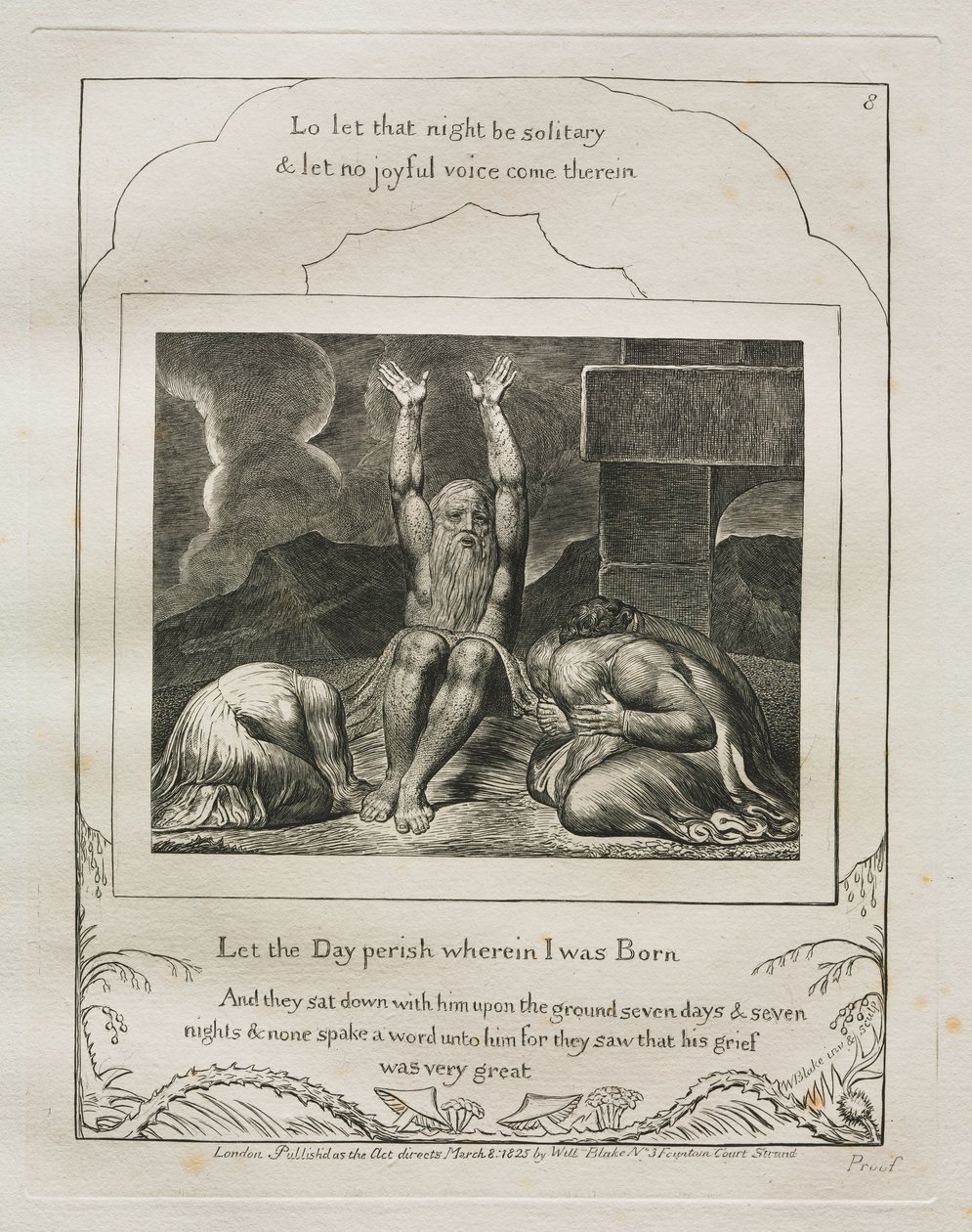 Księga Hioba: Pl. 8, Niech zginie dzień, w którym się urodziłem, 1825. autorstwa William Blake