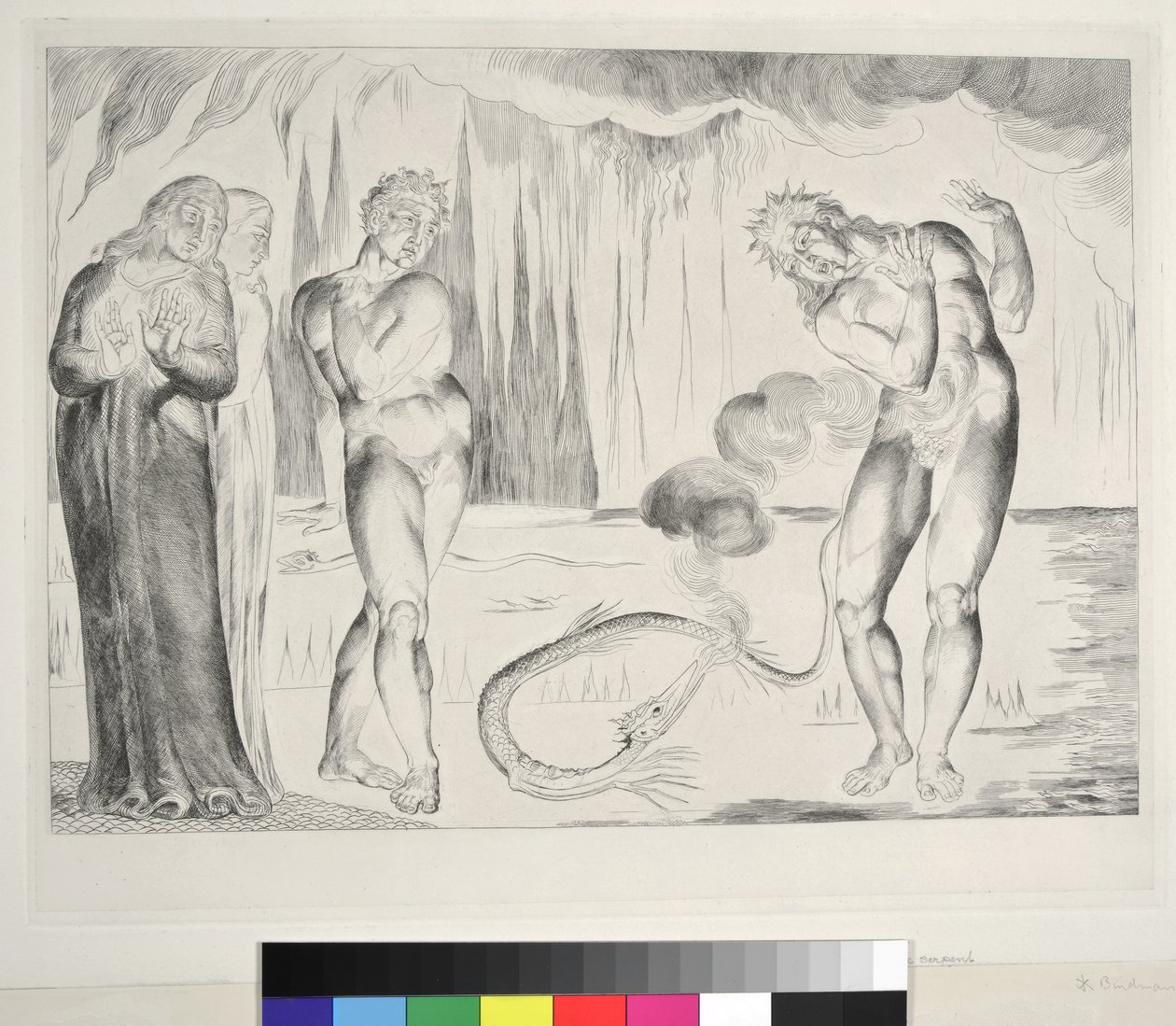 Krąg złodziei: Buoso Donati zaatakowany przez węża, Inferno, Canto XXV, ilustracja do "Boskiej komedii" Dantego Alighieri, 1827 autorstwa William Blake