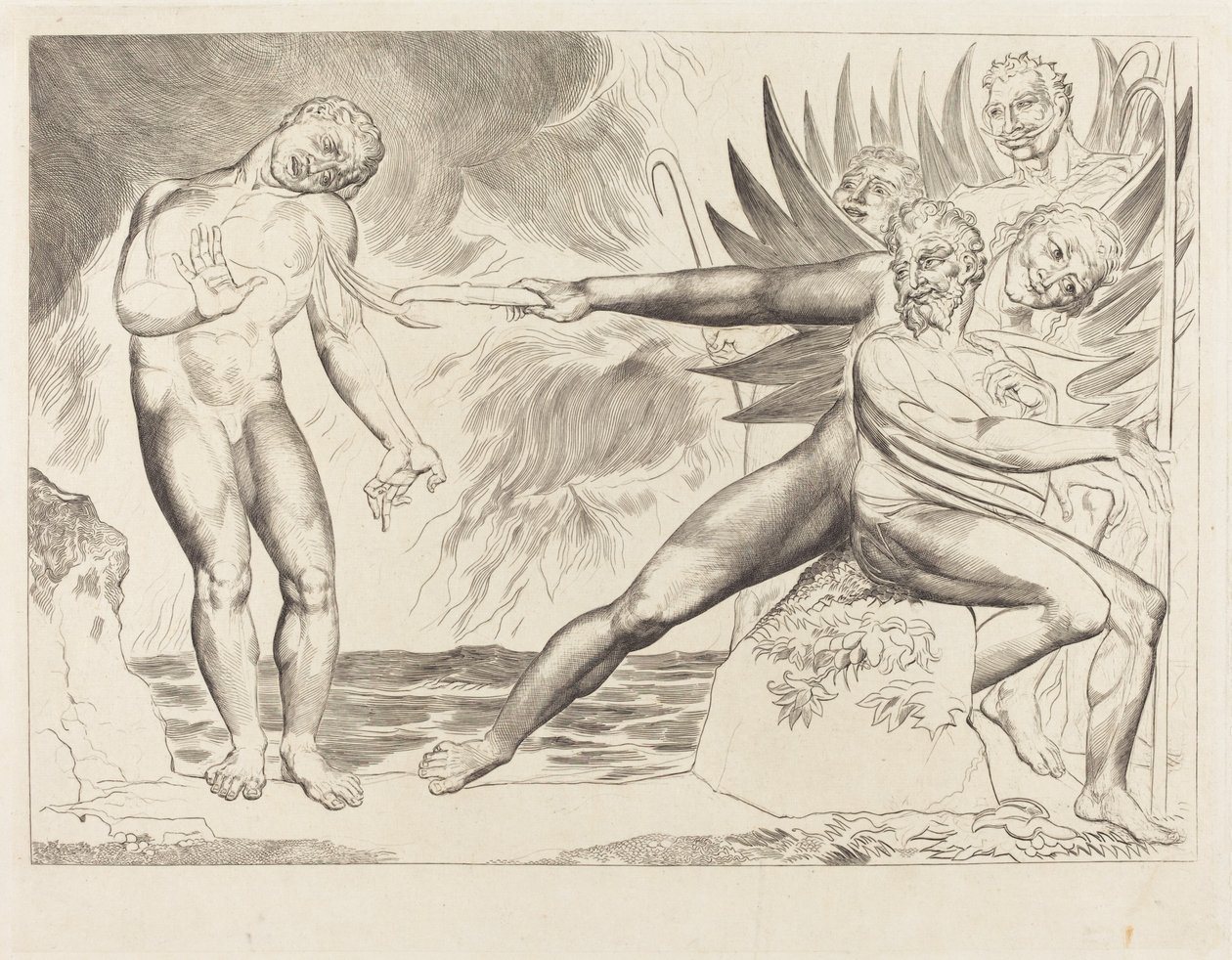 Krąg Skorumpowanych Urzędników; diabły dręczące Ciampolo autorstwa William Blake
