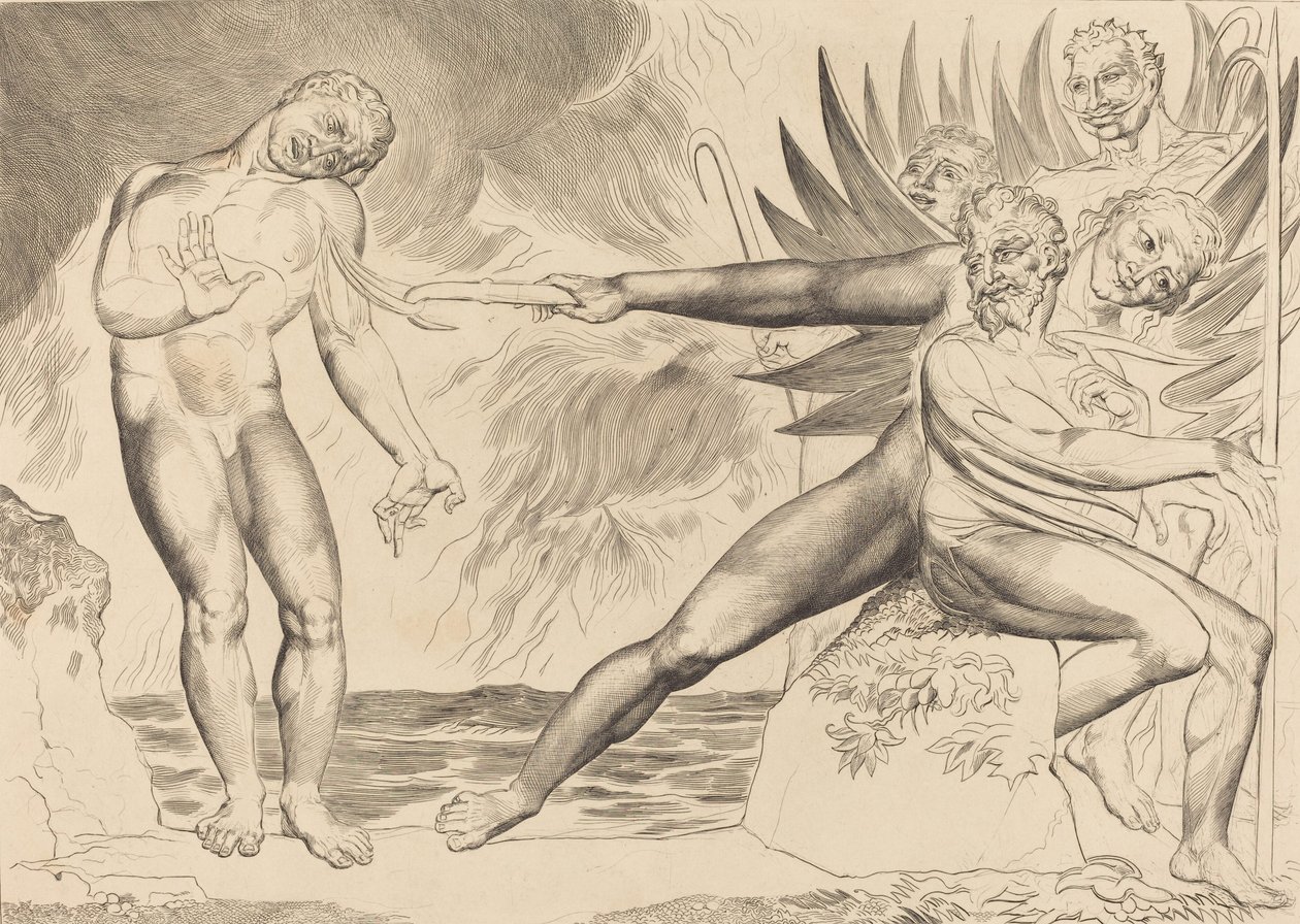 Krąg skorumpowanych urzędników, diabły dręczące Ciampolo, 1827. autorstwa William Blake