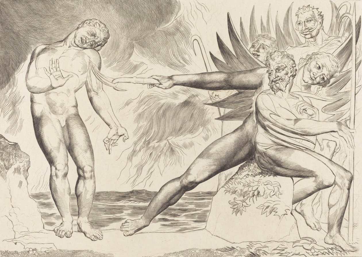 Krąg skorumpowanych urzędników, diabły dręczące Ciampolo, 1827. autorstwa William Blake