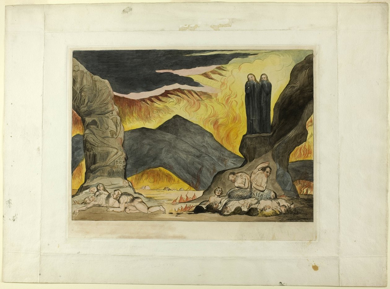 Krąg fałszerzy: Dante i Virgil zakrywający nosy z powodu smrodu. Piekło, pieśń XXIX autorstwa William Blake