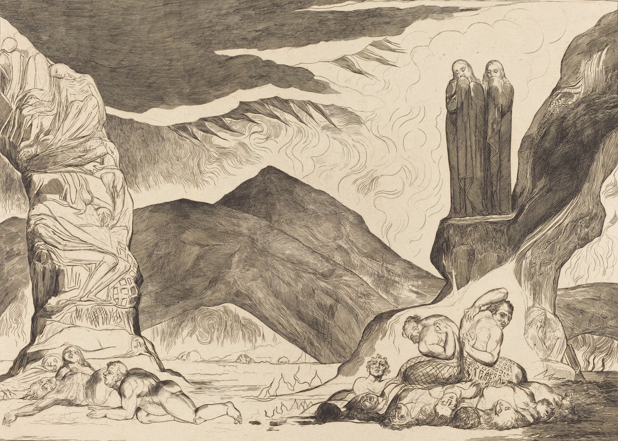 Krąg fałszerzy: Dante i Wergiliusz zakrywający nosy z powodu smrodu, 1827. autorstwa William Blake