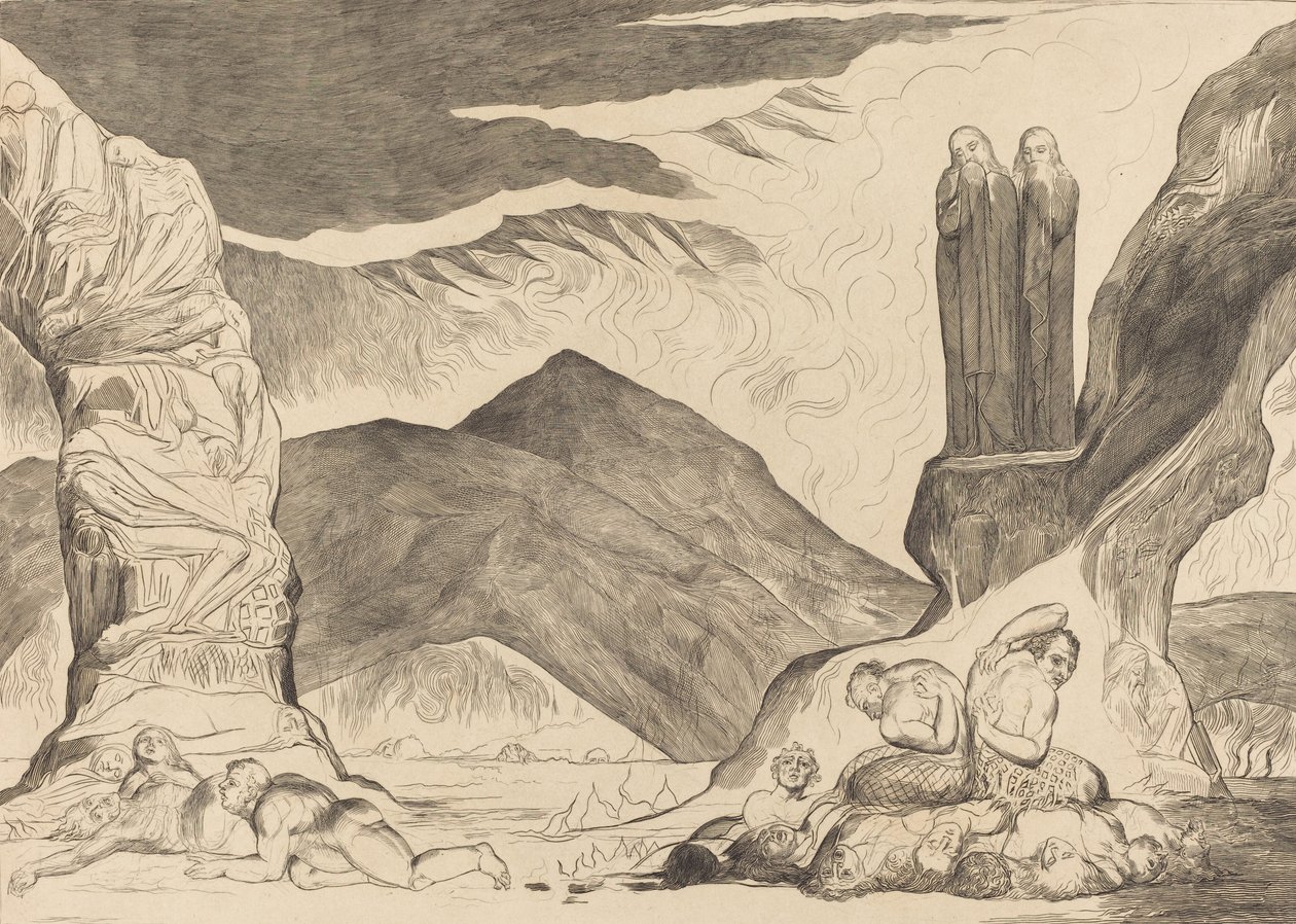Krąg fałszerzy: Dante i Wergiliusz zakrywający nosy z powodu smrodu, 1827. autorstwa William Blake
