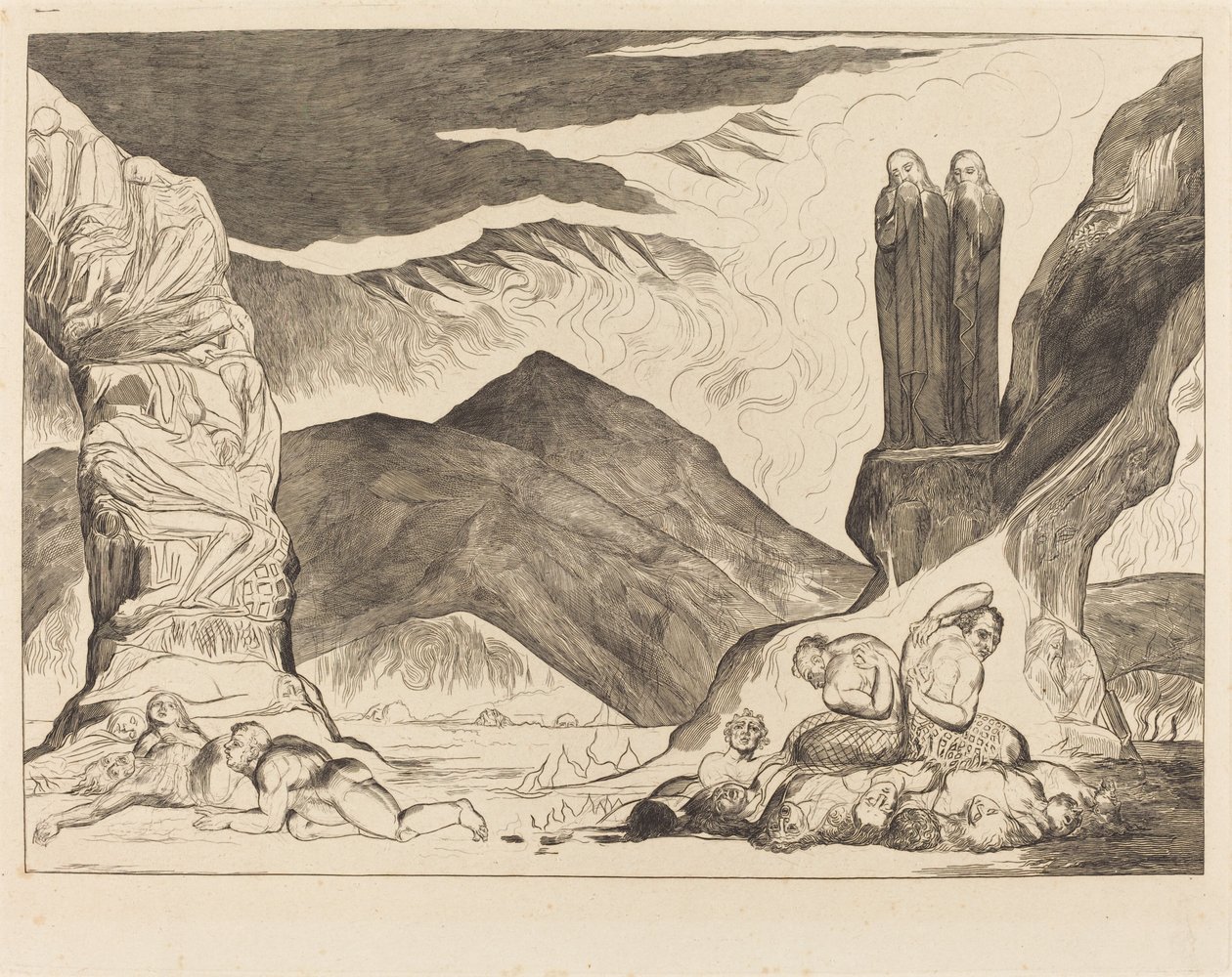 Krąg fałszerzy: Dante i Wergiliusz zakrywający nosy z powodu st autorstwa William Blake