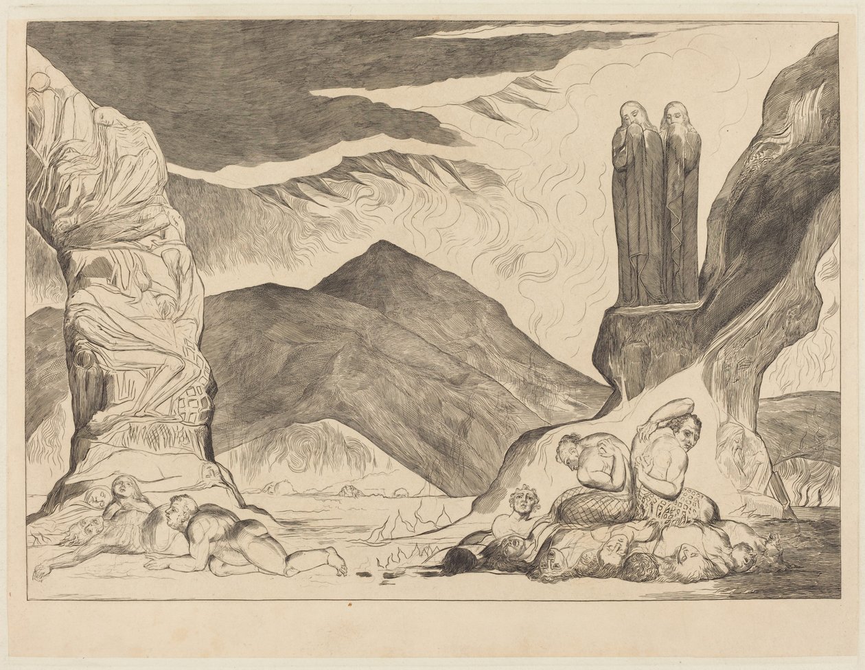 Krąg fałszerzy: Dante i Wergiliusz zakrywający nosy z powodu smrodu autorstwa William Blake