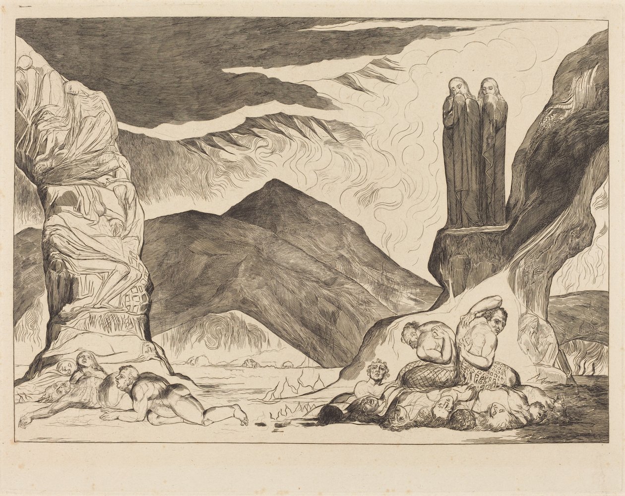 Krąg fałszerzy: Dante i Wergiliusz zakrywają nosy z powodu odoru autorstwa William Blake