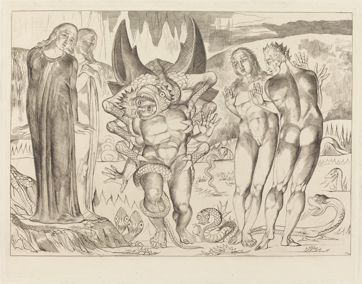 Krąg złodziei; Agnolo Brunelleschi zaatakowany przez sześcionogiego węża autorstwa William Blake