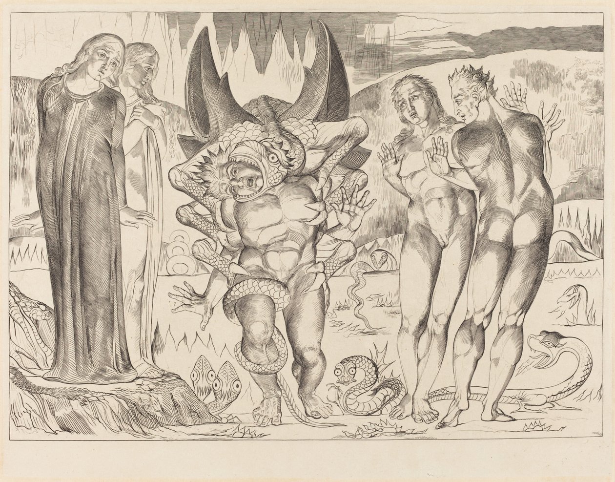Krąg złodziei; Agnolo Brunelleschi zaatakowany przez sześcionogiego węża autorstwa William Blake