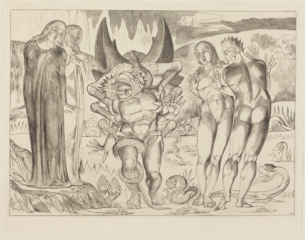Krąg złodziei; Agnolo Brunelleschi zaatakowany przez sześcionogiego węża autorstwa William Blake