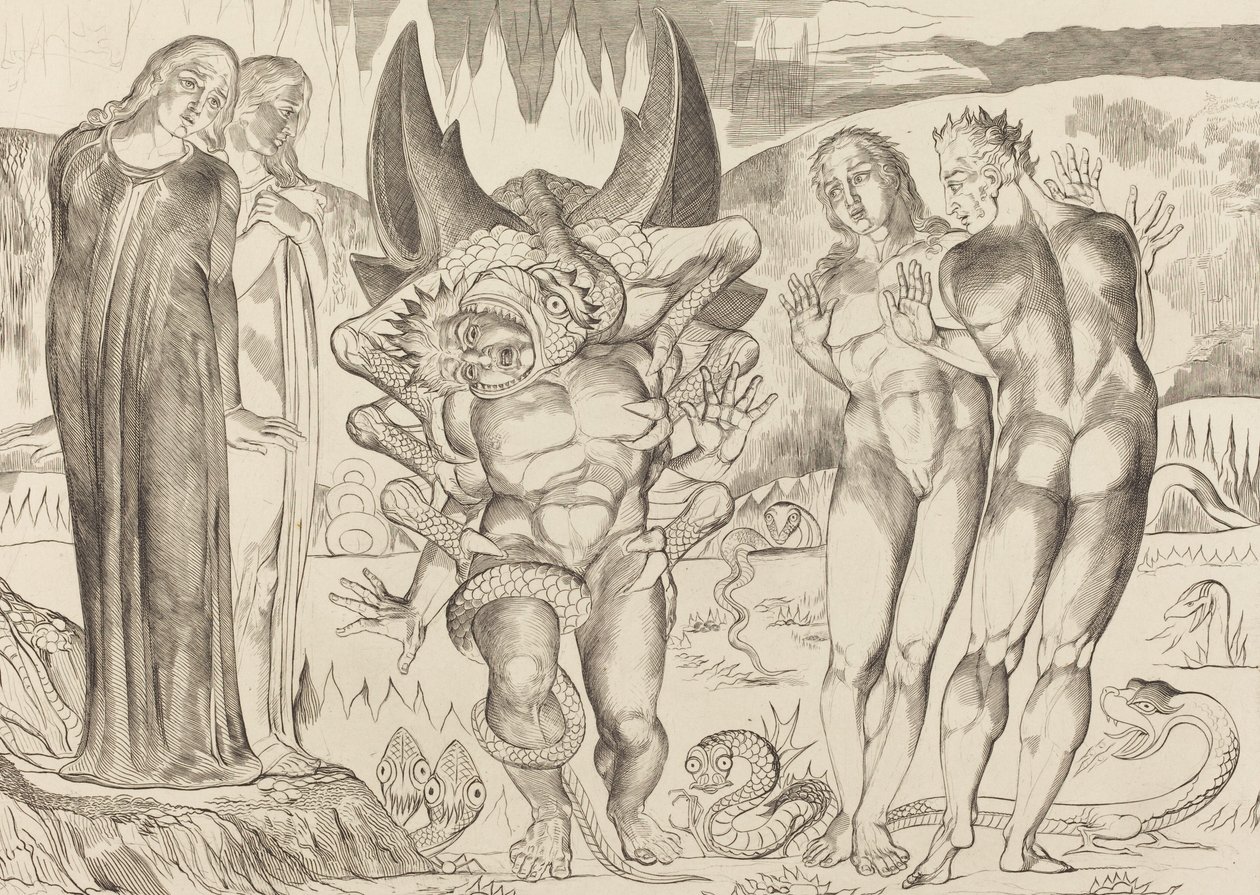 Koło złodziei, Agnolo Brunelleschi zaatakowany przez sześcionogiego węża, 1827. autorstwa William Blake
