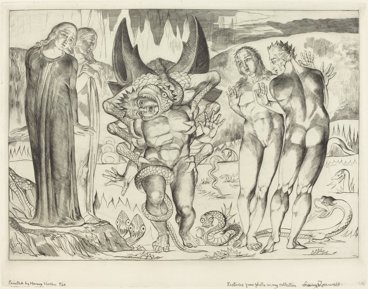 Koło złodziei, Agnolo Brunelleschi zaatakowany przez sześcionożnego węża, 1827. autorstwa William Blake