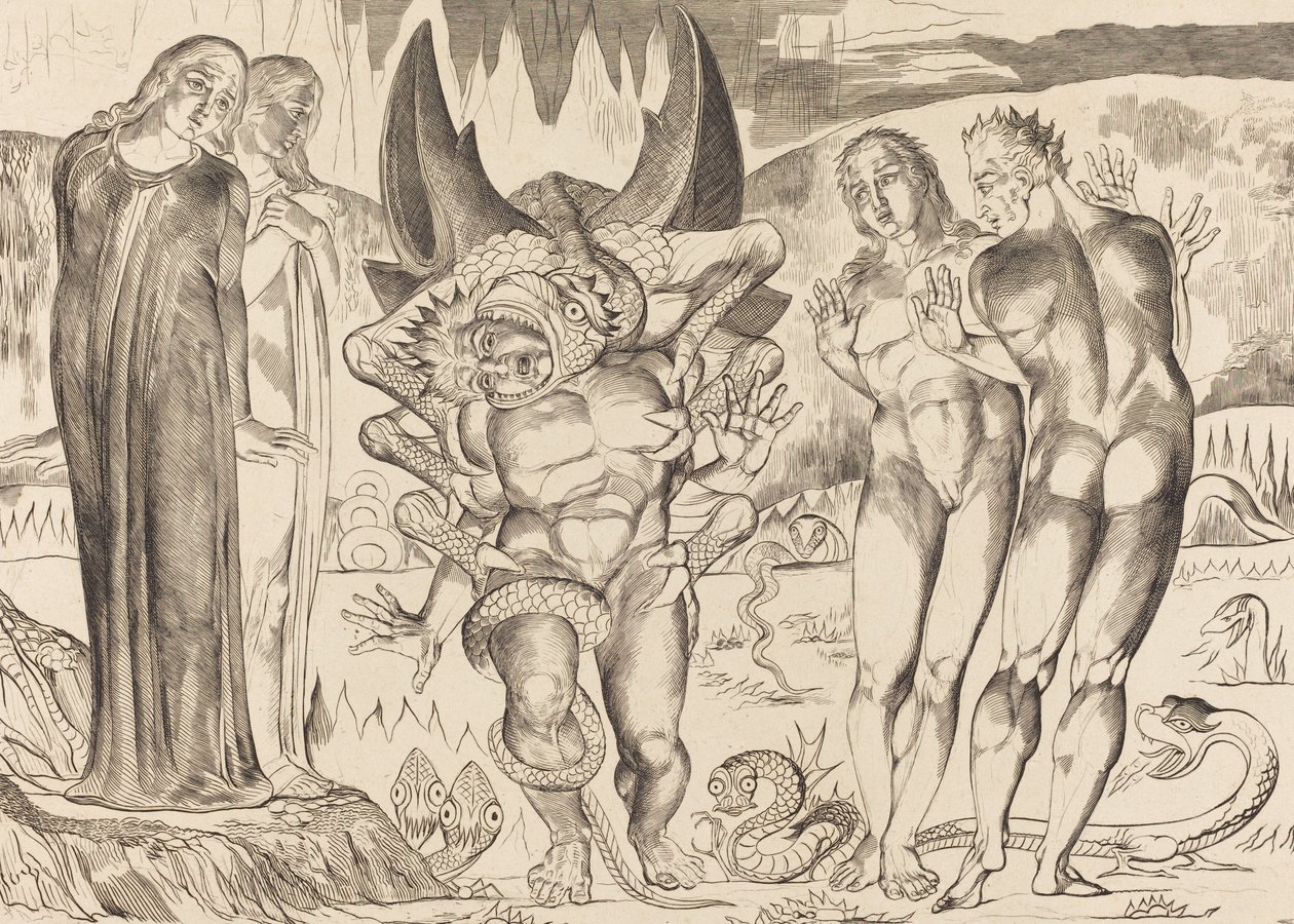 Koło złodziei, Agnolo Brunelleschi zaatakowany przez sześcionogiego węża, 1827. autorstwa William Blake