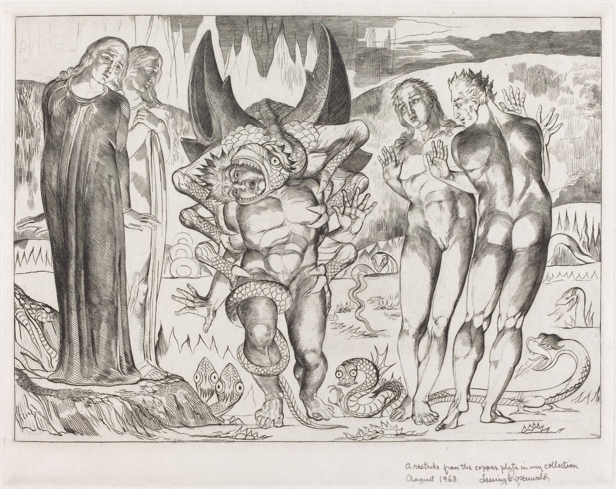 Koło złodziei, Agnolo Brunelleschi zaatakowany przez sześcionożnego węża, 1827. autorstwa William Blake