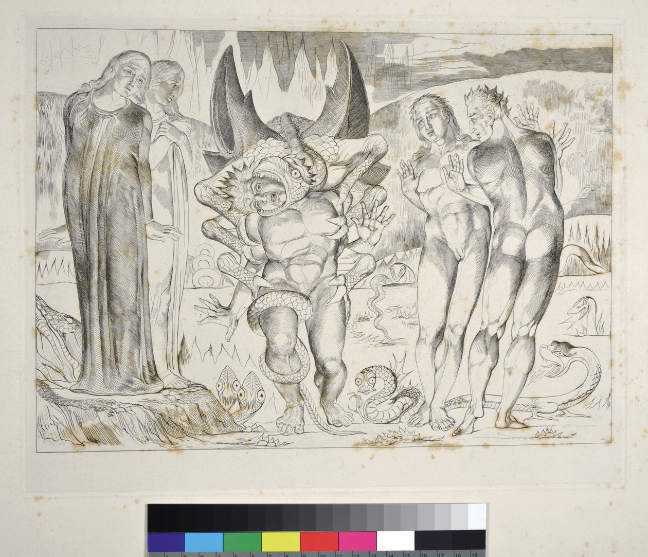 Krąg złodziei: Agnolo Brunelleschi zaatakowany przez piekło sześcionogiego węża, kanto XXV, ilustracja do „Boskiej komedii” Dantego Alighieri autorstwa William Blake