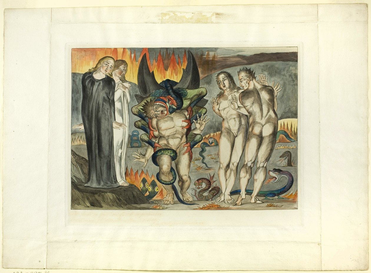 Krąg złodziei; Agnolo Brunelleschi zaatakowany przez sześcionogiego węża. Piekło, pieśń XXV autorstwa William Blake