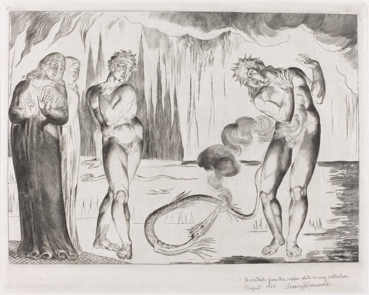 Krąg złodziei, Buoso Donati zaatakowany przez węża, 1827. autorstwa William Blake