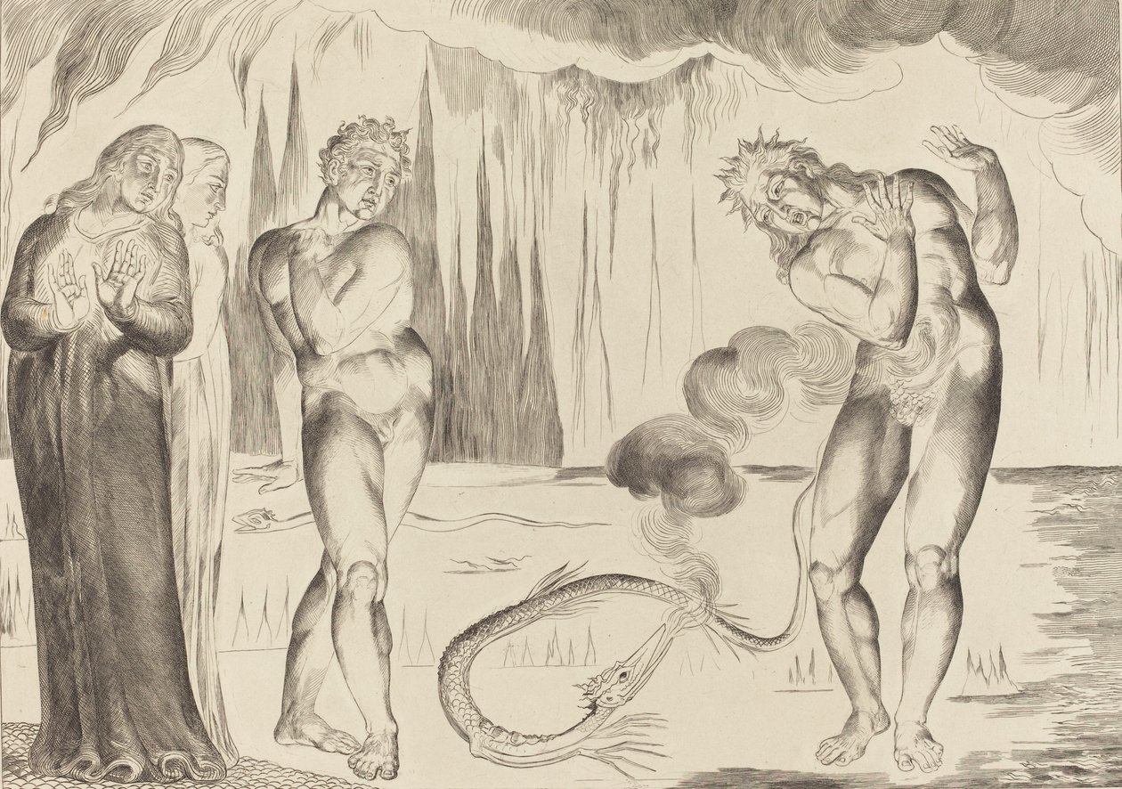 Krąg złodziei, Buoso Donati zaatakowany przez węża, 1827. autorstwa William Blake