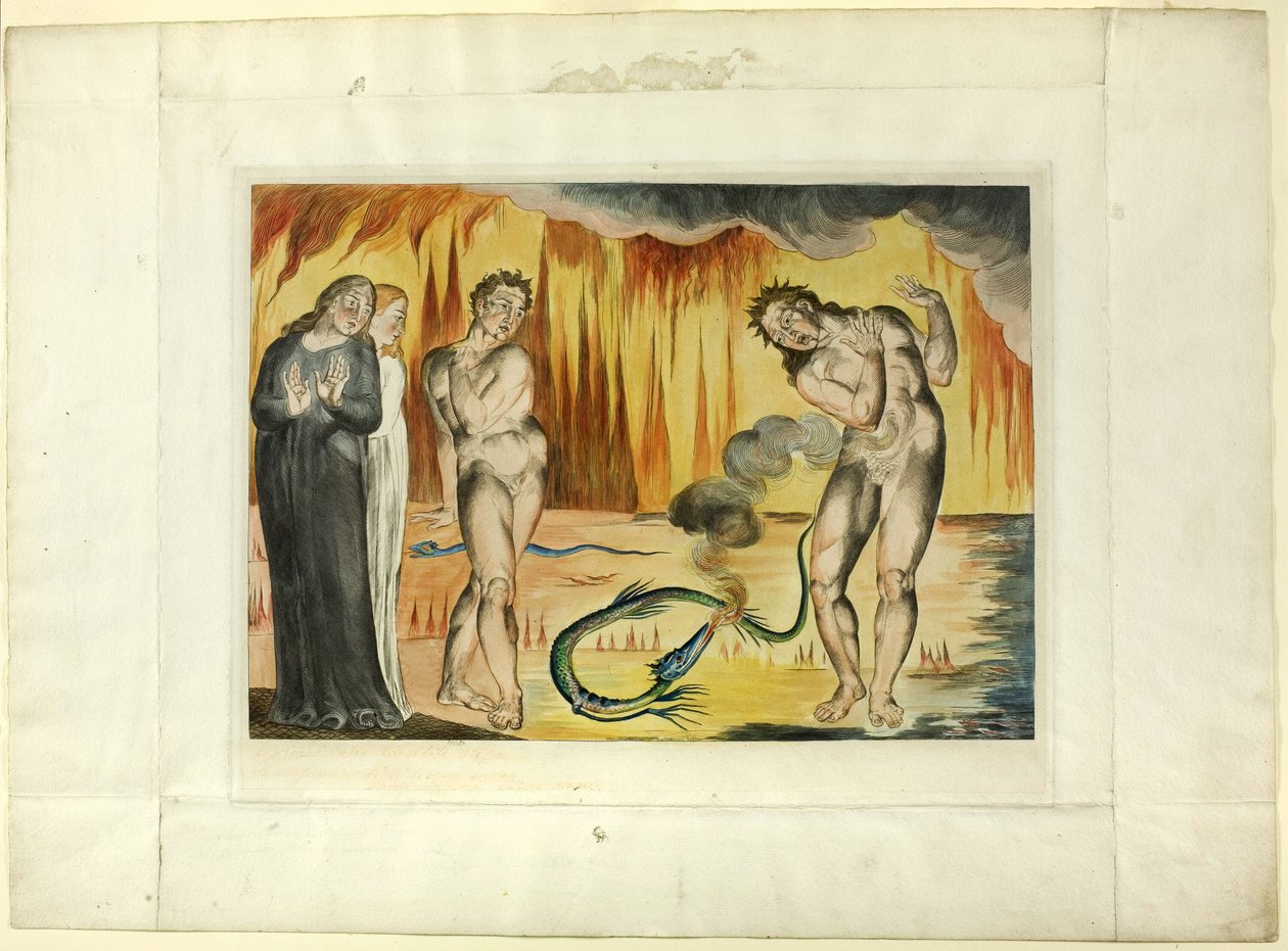 Krąg złodziei; Buoso Donati zaatakowany przez węża. Piekło, pieśń XXV autorstwa William Blake