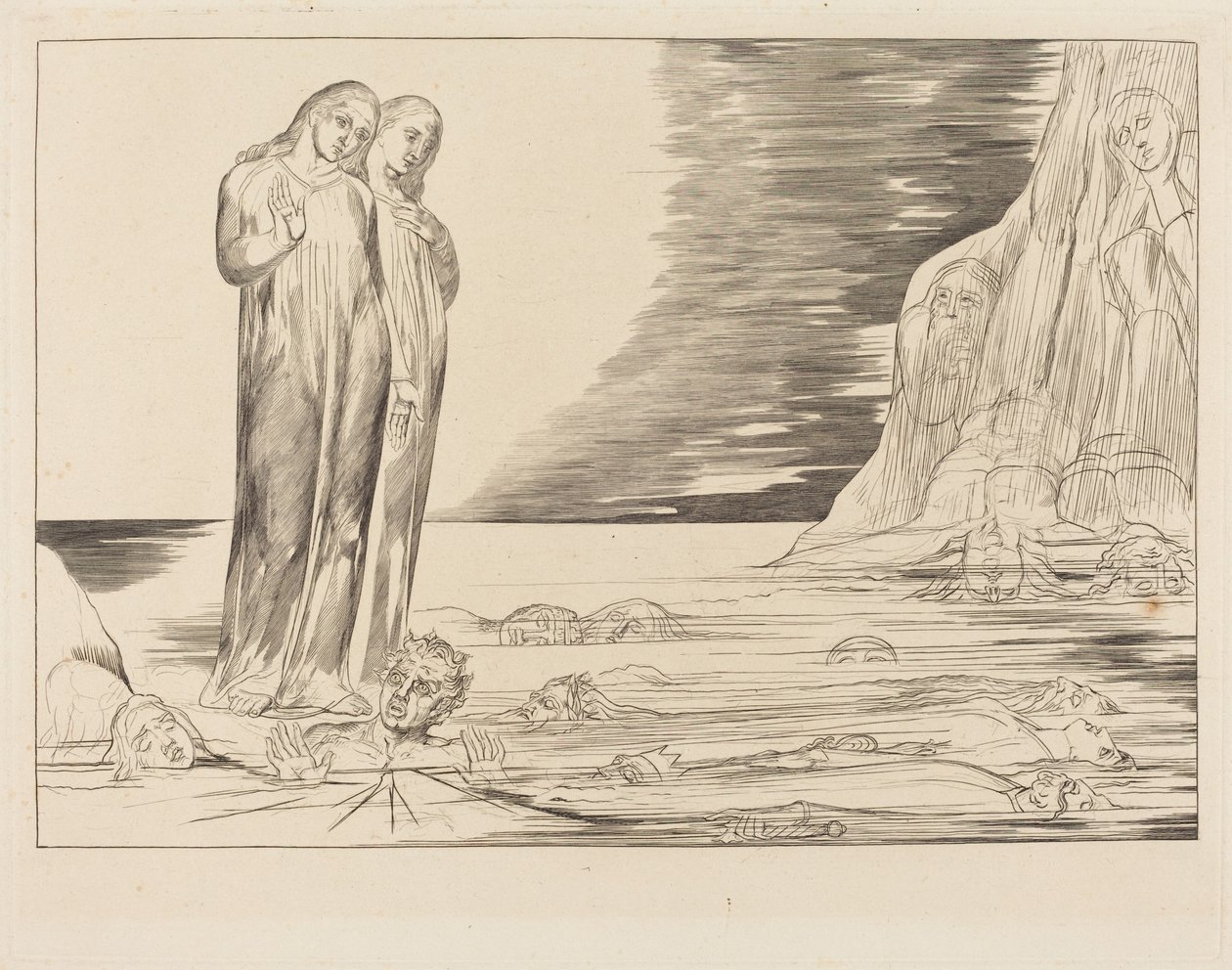 Krąg zdrajców; stopa Dantego uderzająca w Bocca degli Abbate autorstwa William Blake