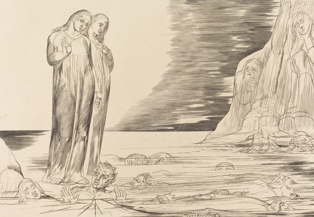 Krąg zdrajców, stopa Dantego uderzająca w Bocca degli Abbate, 1827. autorstwa William Blake