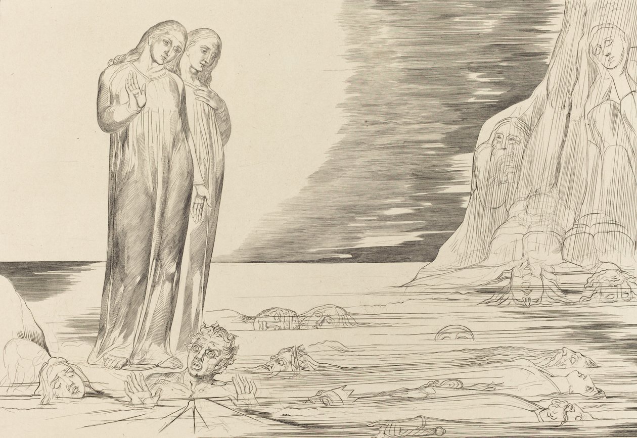 Krąg zdrajców, stopa Dantego uderzająca w Bocca degli Abbate, 1827. autorstwa William Blake