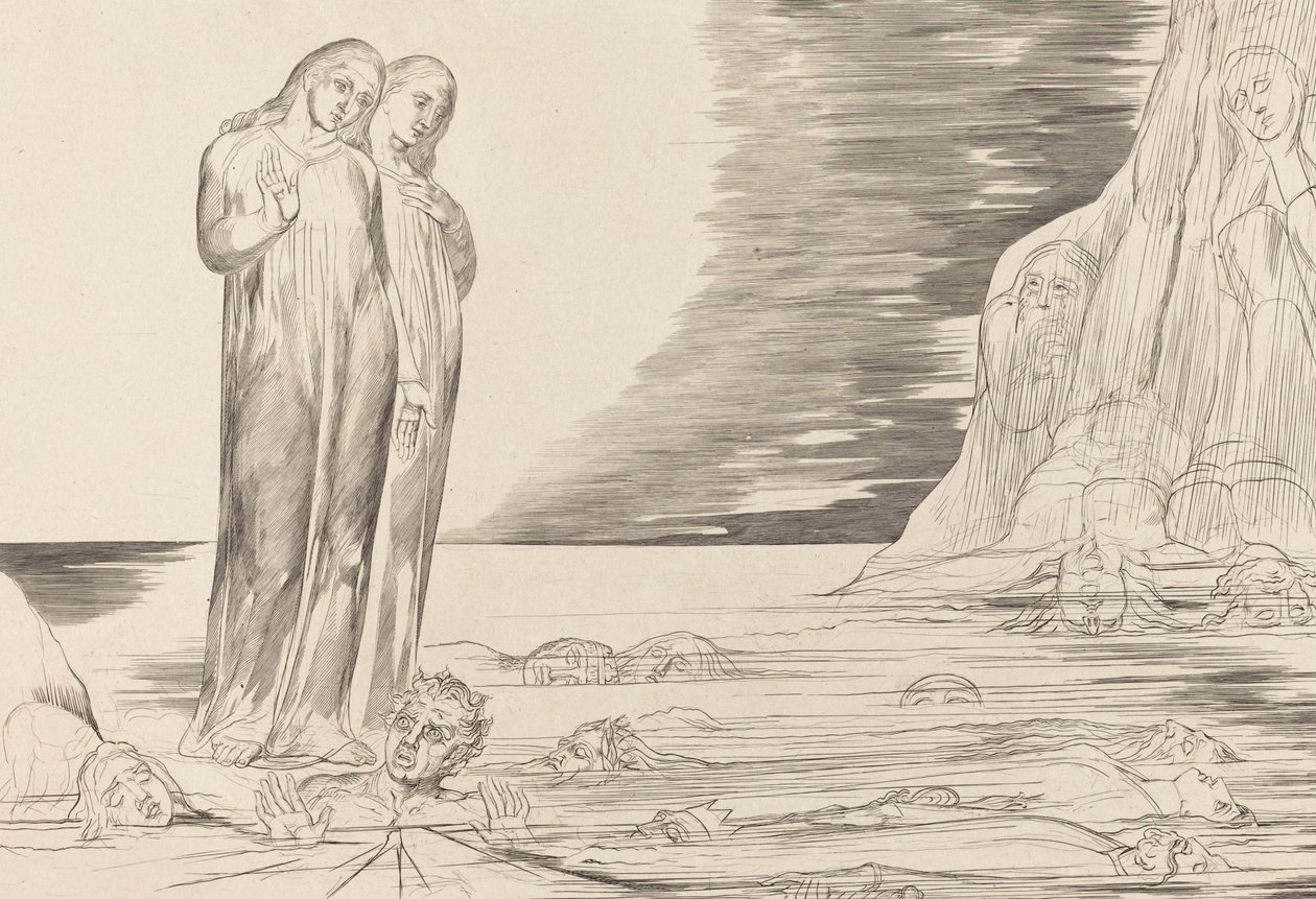 Krąg zdrajców, stopa Dantego uderzająca w Bocca degli Abbate, 1827. autorstwa William Blake