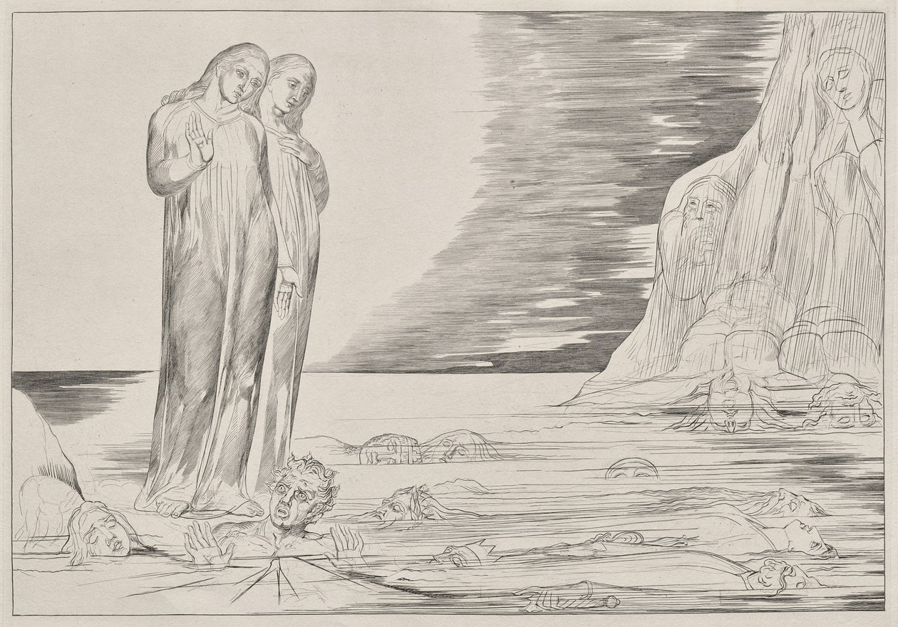 Krąg zdrajców: Stopa Dantego uderzająca w Bocca degli Abbate, od Piekła Dantego, Pieśń XXXII Ilustracja do Boskiej Komedii Dantego autorstwa William Blake