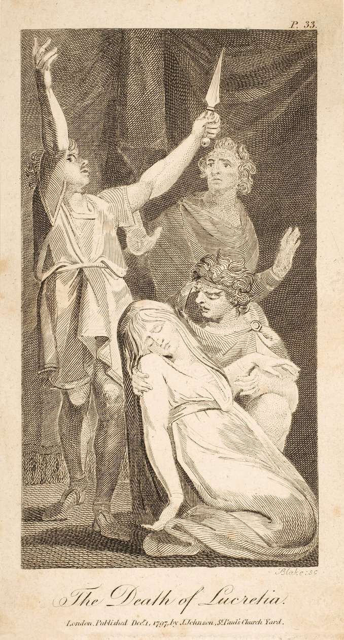 Śmierć Lukrecji, z Nowej i bezstronnej historii rzymskiej Allena, wyd. 1797 (grawerowanie) autorstwa William Blake