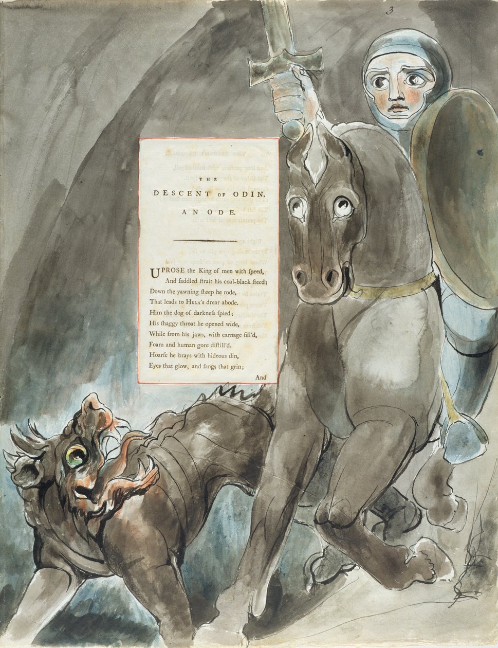 The Descent of Odyn, An Oda, z „Wierszy Thomasa Graya”, opublikowanych w latach 1797-98 (akwarela i czarny tusz na papierze) autorstwa William Blake