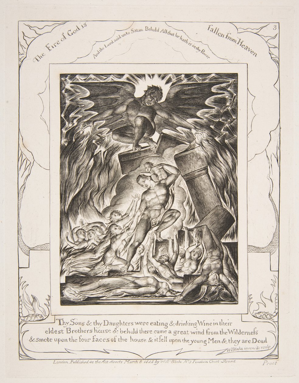 Zniszczenie synów Jobsa, z ilustracji Księgi Hioba, 1825-26. autorstwa William Blake