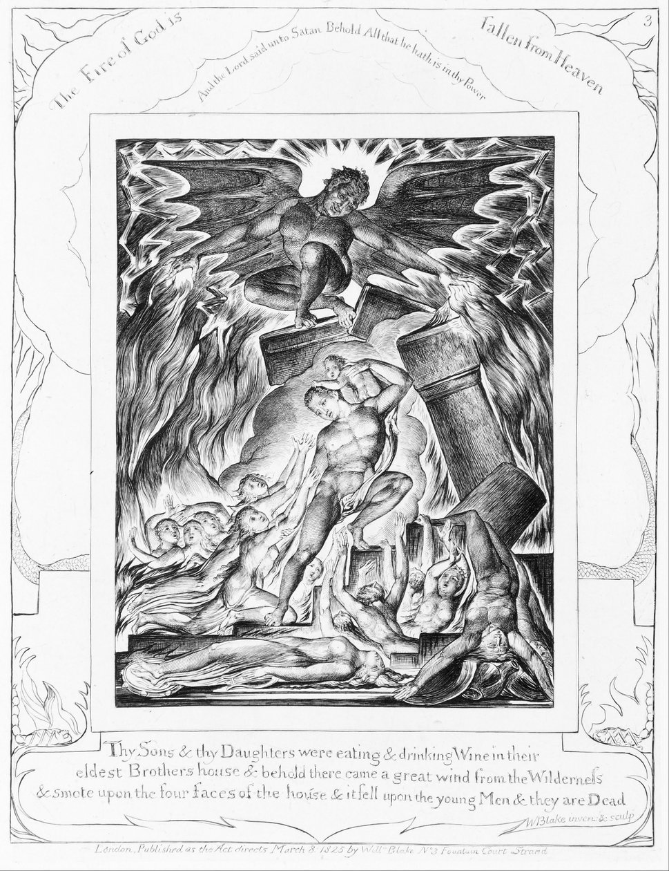 Zagłada synów Hioba, plansza 3 z „Ilustracji do Księgi Hioba” autorstwa William Blake