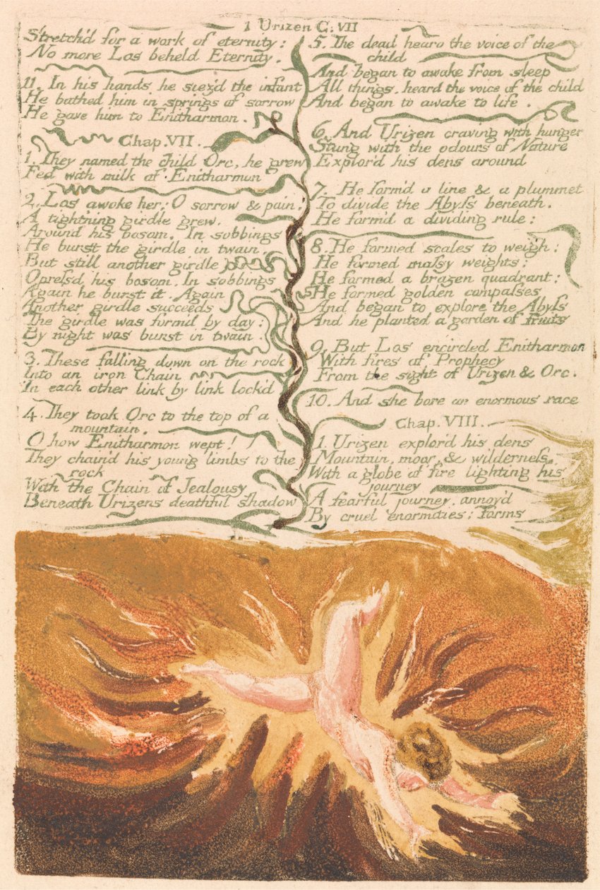 O Primeiro Livro de Urizen, Placa 19, "Esticado para uma obra de eternidade. . . ." (Bentley 20)polonês autorstwa William Blake