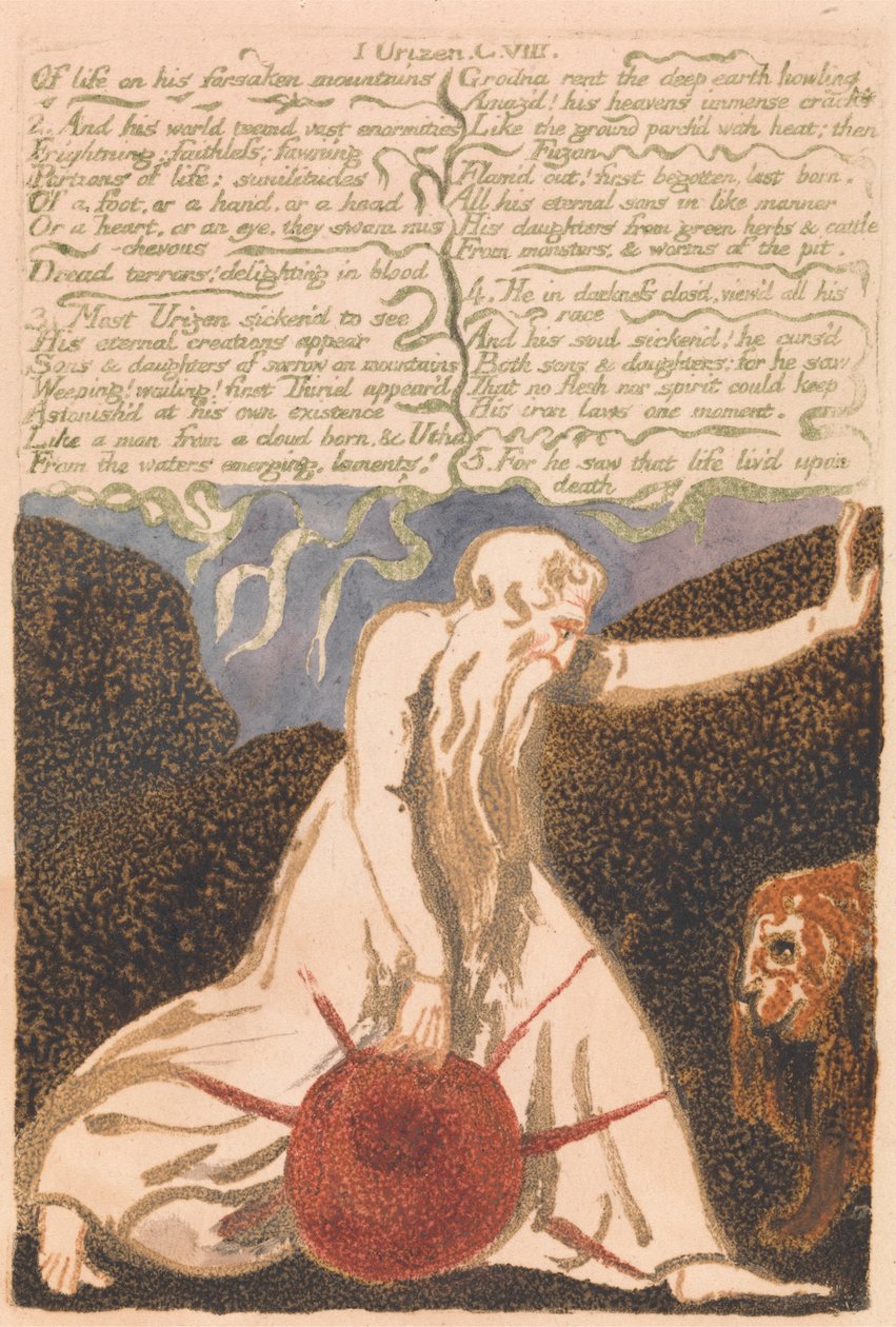 Pierwsza Księga Urizena, tablica 20, „O górach porzuconych przez życie…” (Bentleya 23) autorstwa William Blake