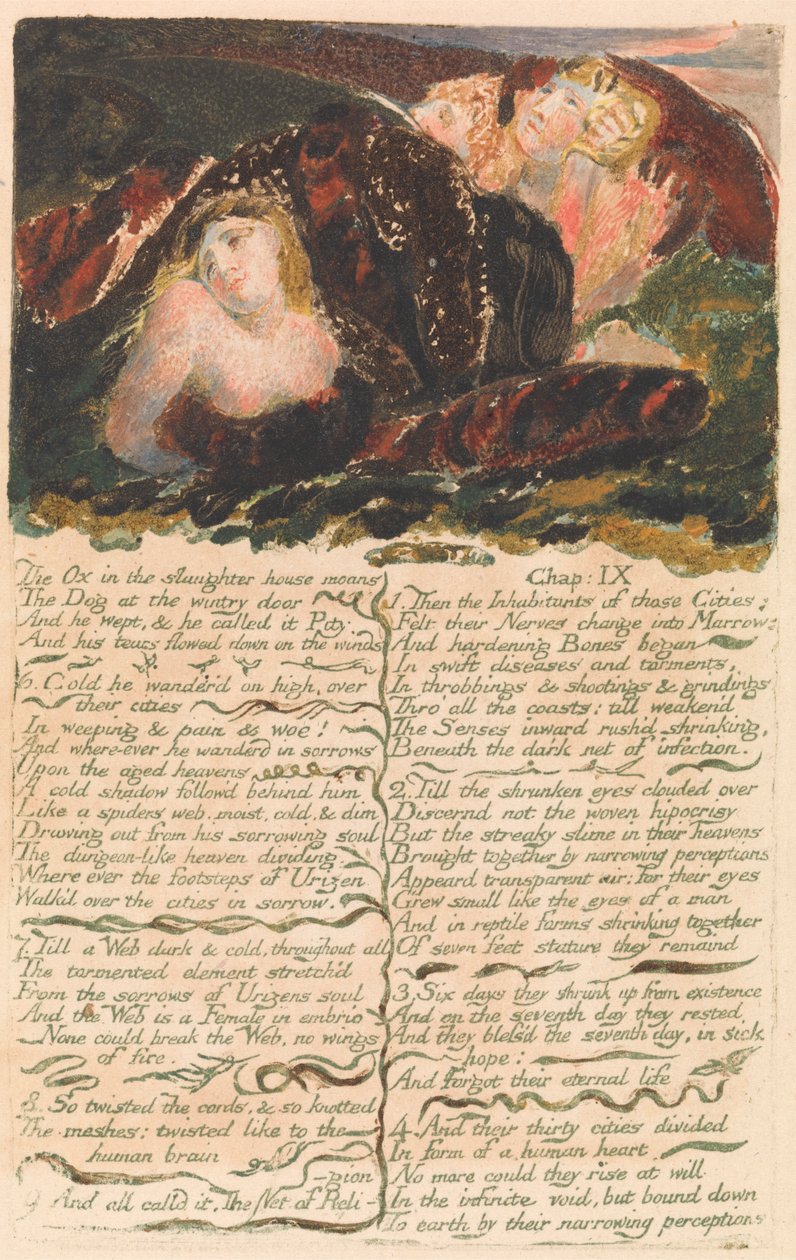 Pierwsza Księga Urizena, tablica 23: „Wół w rzeźni jęczy…” (Bentleya 25) autorstwa William Blake