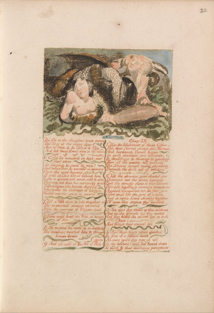 Pierwsza Księga Urizena, płyta 26, Wół w rzeźni jęczy... (Bentley 25) autorstwa William Blake